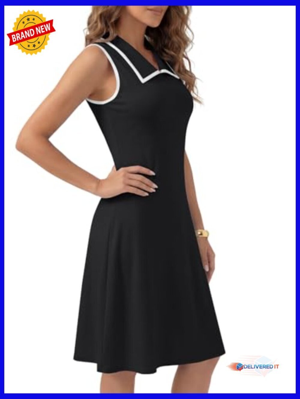 Sleeveless Collared A-Line Flare Midi Dress with Back Button Detail - Picture 4 of 6